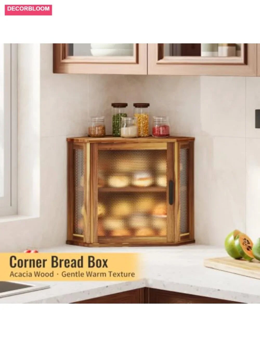 Acacia Wood 2-Tier Corner Bread Box, Extra Large Capacity Kitchen Storage with